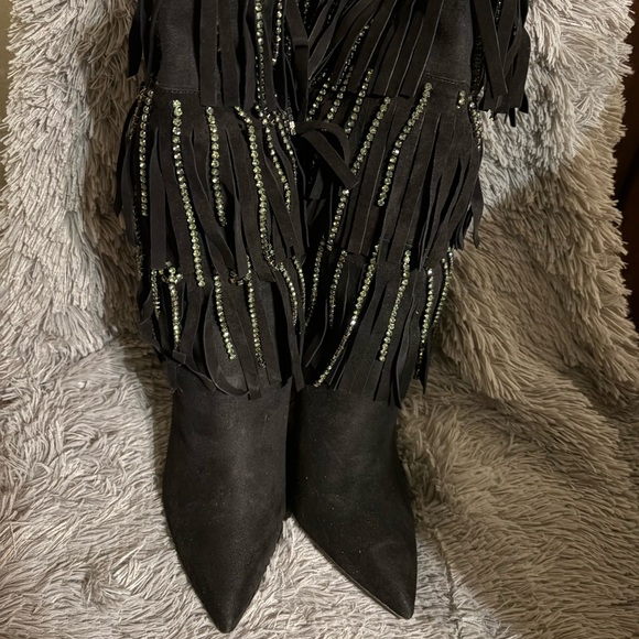 Jessica Linko Black Fringe Rhinestone Bling Heeled Boots - Picture 1 of 6